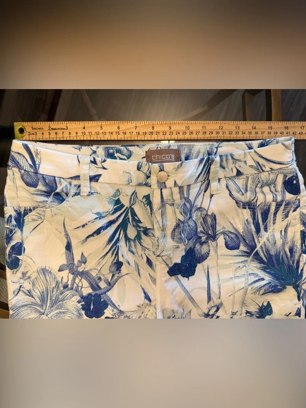 Chico's Blue Floral Print Chinos on Cream